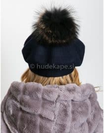 Baretka volnena s cofom iz pravega krzna - Črna